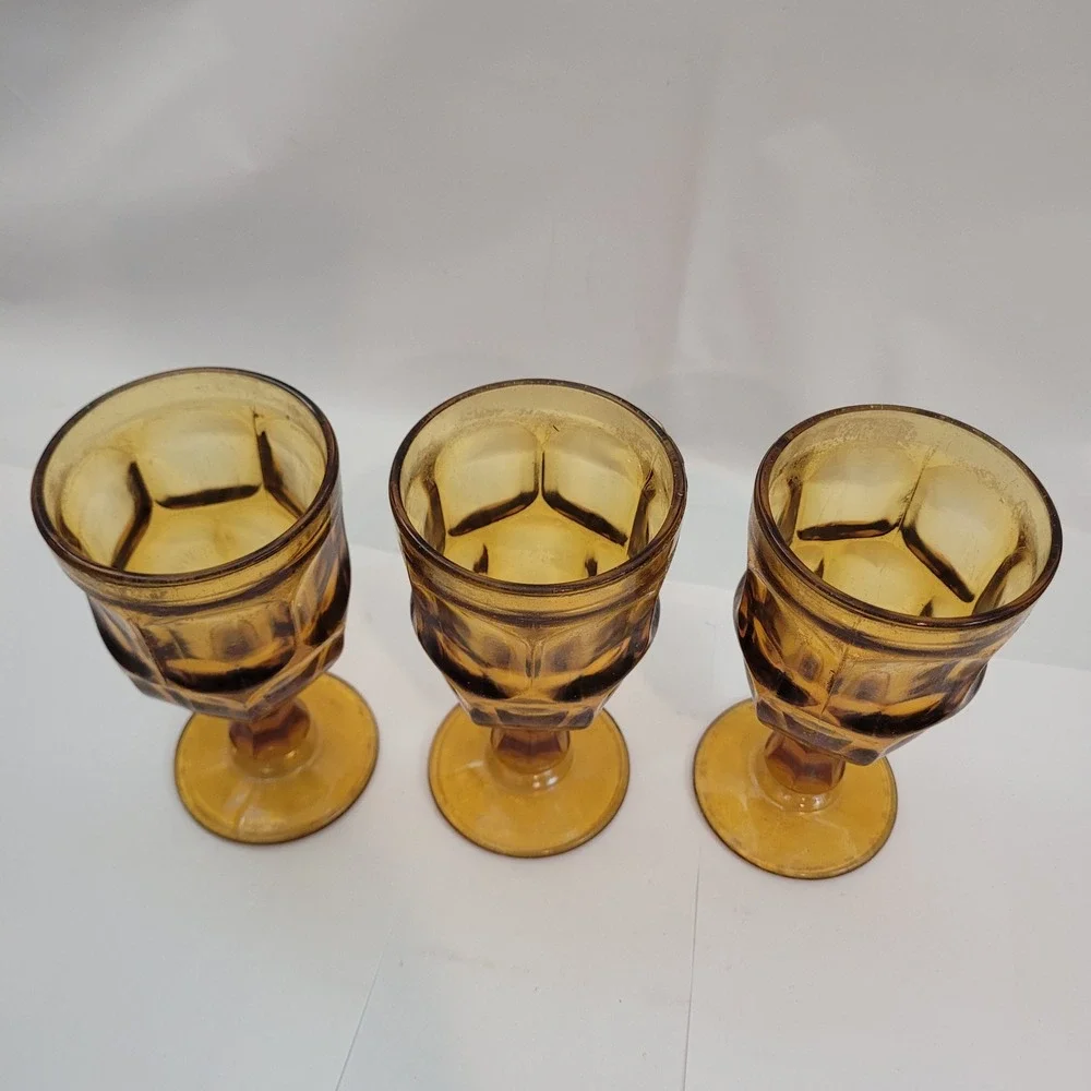 Indiana Glass Whitehall Amber Goblets Vintage Set of 3 Cubist Footed Glasses